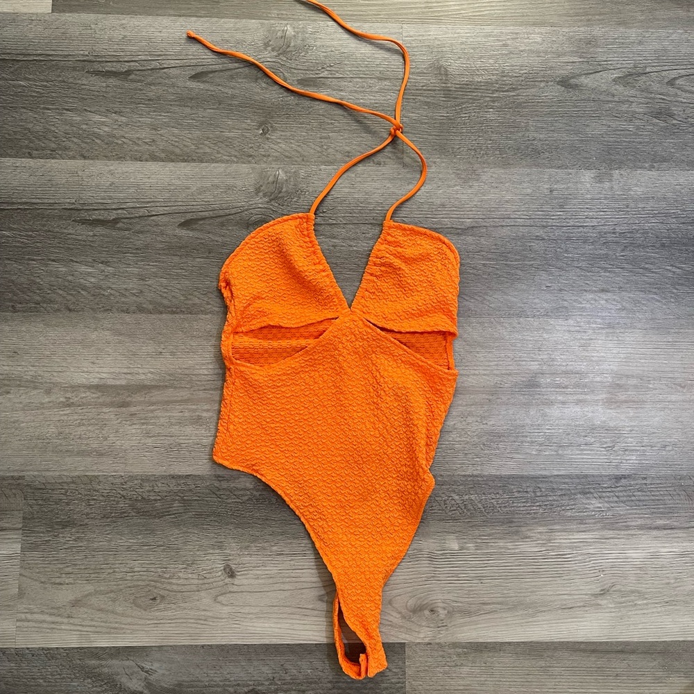 H&M Orange Bodysuit with Ruched V-Neck and Halter Straps